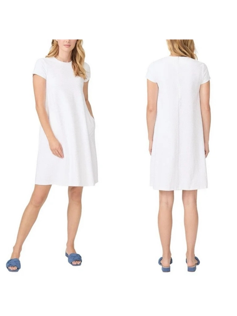 J.Mclaughlin White Geometric Jacquard Shift Dress Size Small Short Sleeve Pocket